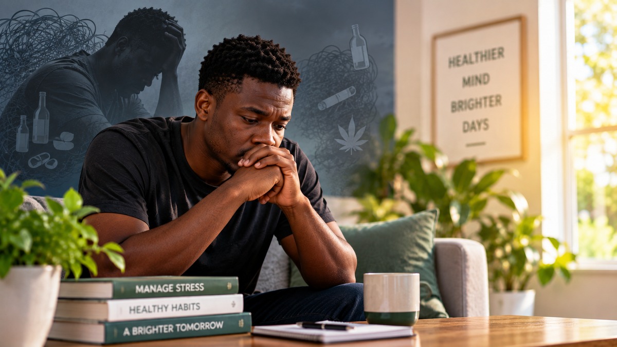African man reflecting in a calm room with visual cues representing stress, healthier habits and hope.