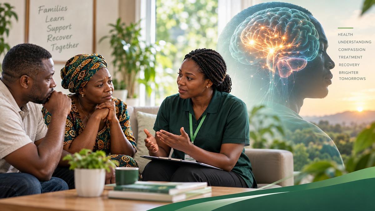 Family speaking with a counsellor while a brain illustration represents addiction as a health condition.